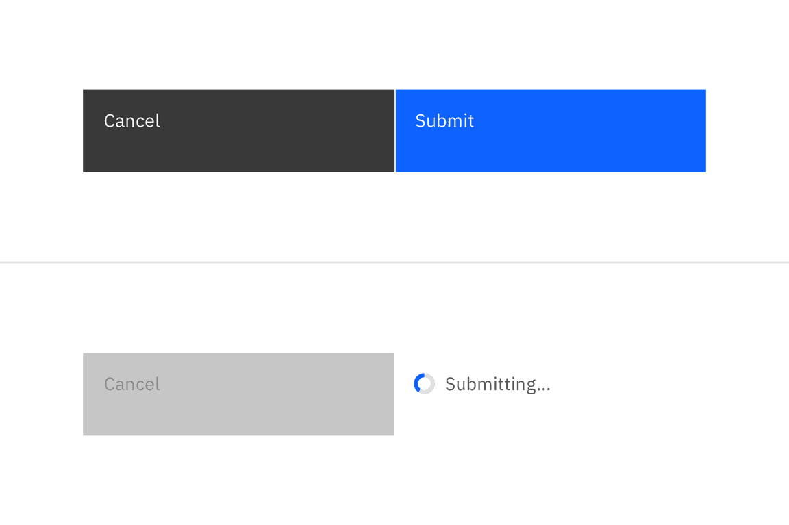 example of Cancel button in disabled state while the Submit button is replaced by inline loading icon and "Submitting" message example of Cancel button in disabled state while the Submit button is replaced by inline loading icon and "Submitting" message